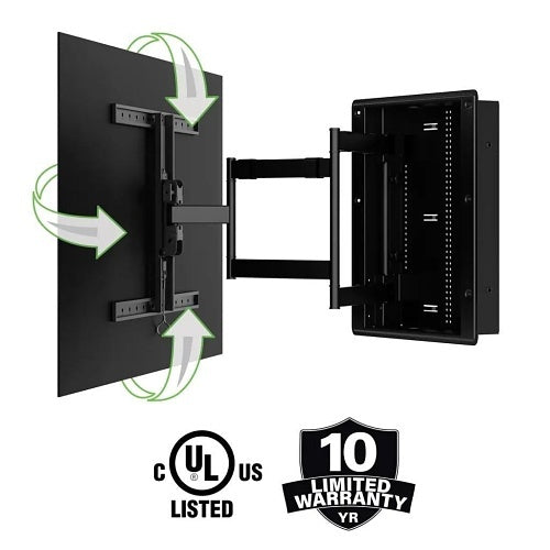 Sanus VIWLF128-B2 In-Wall Full Motion TV Wall Mount 42–85 Inch
TV wall mount with UL listed and 10-year limited warranty logos on a white background