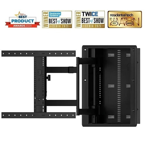 Sanus VIWLF128-B2 In-Wall Full Motion TV Wall Mount 42–85 Inch
Black TV wall mount with awards on a white background