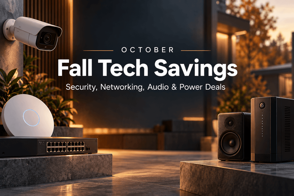 October Fall Tech Savings banner featuring security cameras, networking equipment, audio speakers, and power protection products in a modern autumn setting.