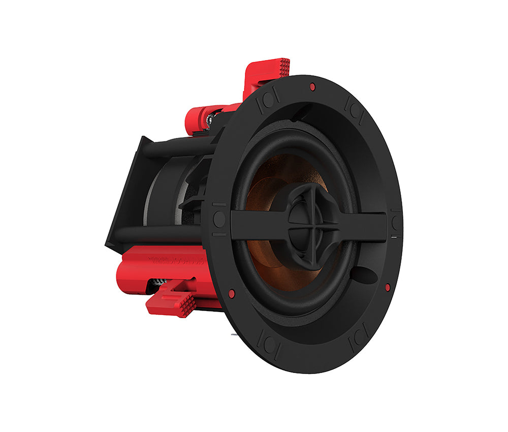 Klipsch PRO-14RC 3.5 Inch In-Ceiling Speaker Minimal Footprint
Speaker with black and red design on a white background
