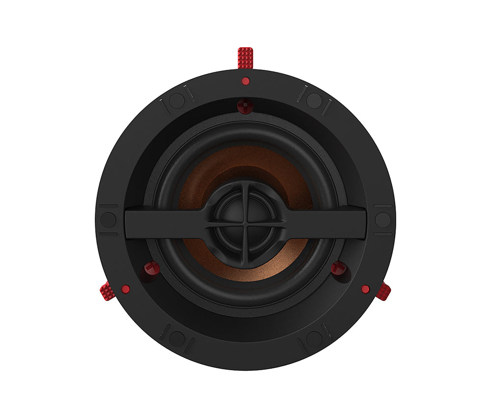 Klipsch PRO-14RC 3.5 Inch In-Ceiling Speaker Minimal Footprint
Black speaker with red accents on a white background