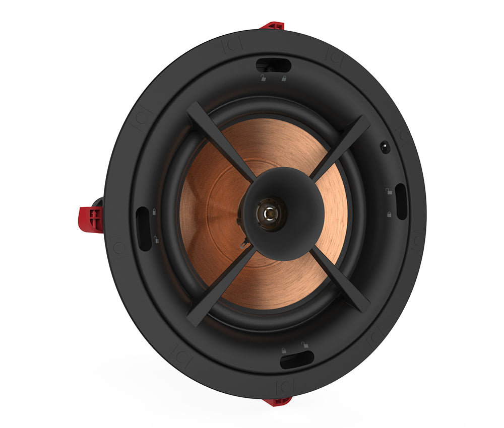Klipsch PRO-180RPC 8 Inch In-Ceiling Speaker SecureFit Install
Round speaker with black frame and copper interior on a white background
