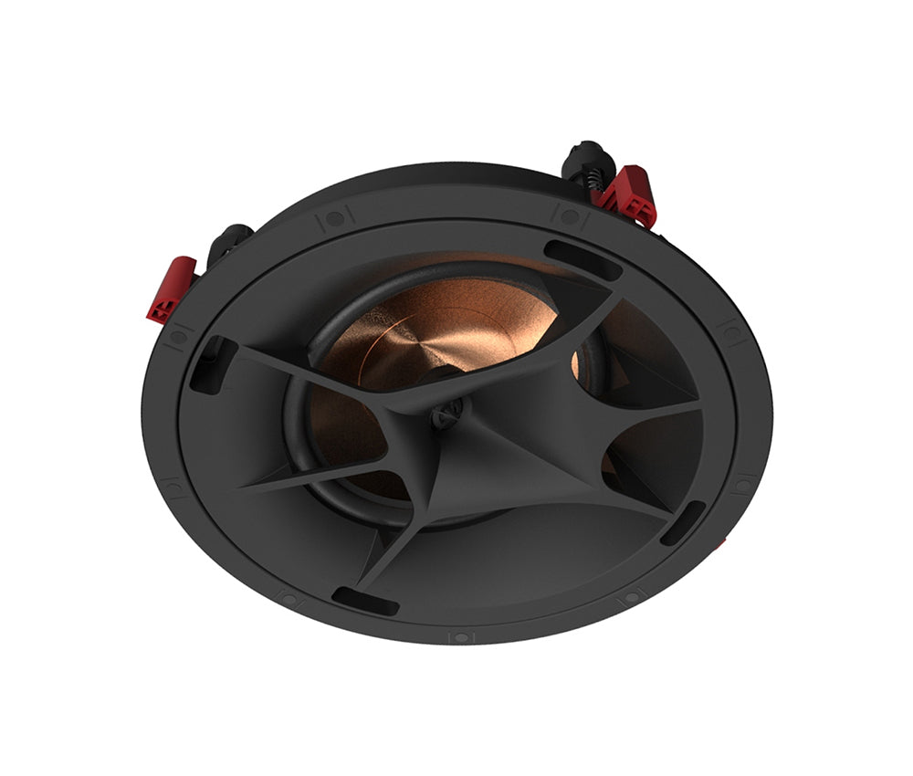 Klipsch PRO-180RPC LCR 8 Inch In-Ceiling Speaker Titanium Tweeter
Round speaker with black casing and copper interior on a white background