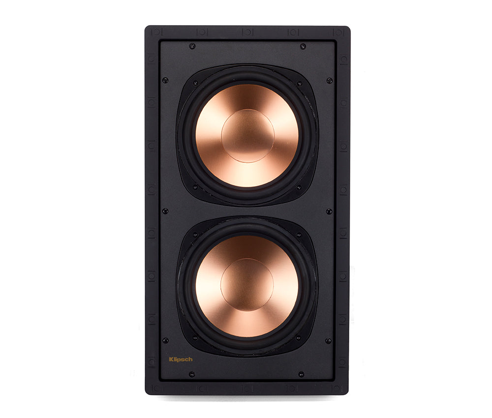 Klipsch RW-5802-II In-Wall Subwoofer Dual 8 Inch Sealed
Klipsch speaker with black frames and bronze cones on a white background