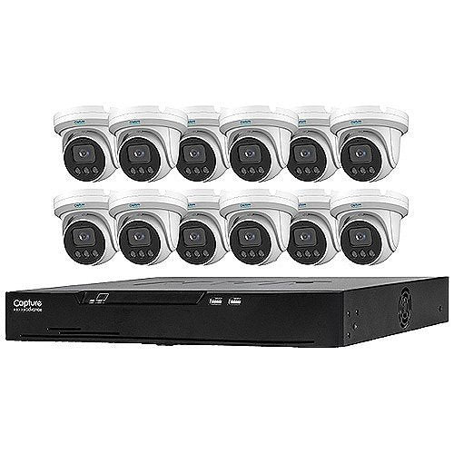 Capture Advance R2-IP16C5MPK 13-Piece 5MP IP Kit 16CH NVR 4TB
Set of security cameras with a black NVR on a white background