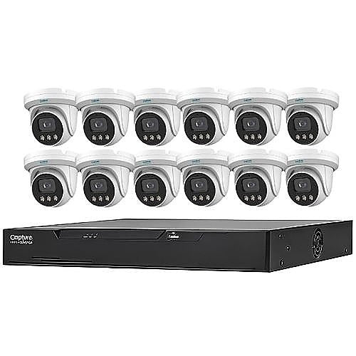 Capture Advance R2-IP16C5MPK 13-Piece 5MP IP Kit 16CH NVR 4TB
Set of security cameras with a NVR on a white background