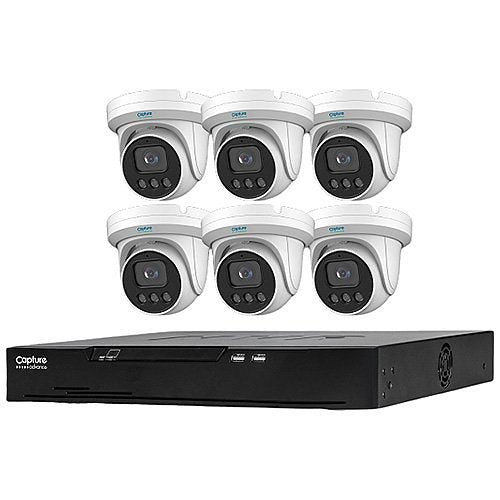 Capture Advance R2-IP8C5MPK 5MP 7-Piece Security Kit 8CH NVR 2TB
Set of six security cameras with a black NVR on a white background