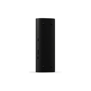 A black Sonos Roam 2 portable Bluetooth speaker standing backwards on a white background