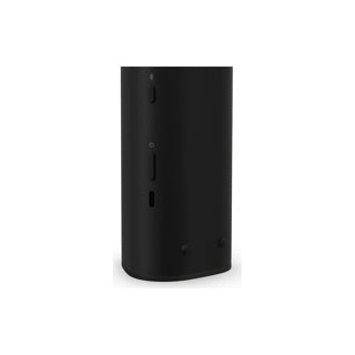 A black Sonos Roam 2 portable Bluetooth speaker standing backwards control buttons on a plain background