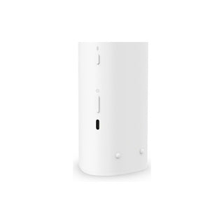 A white Sonos Roam 2 portable Bluetooth speaker standing back control buttons on a white background.