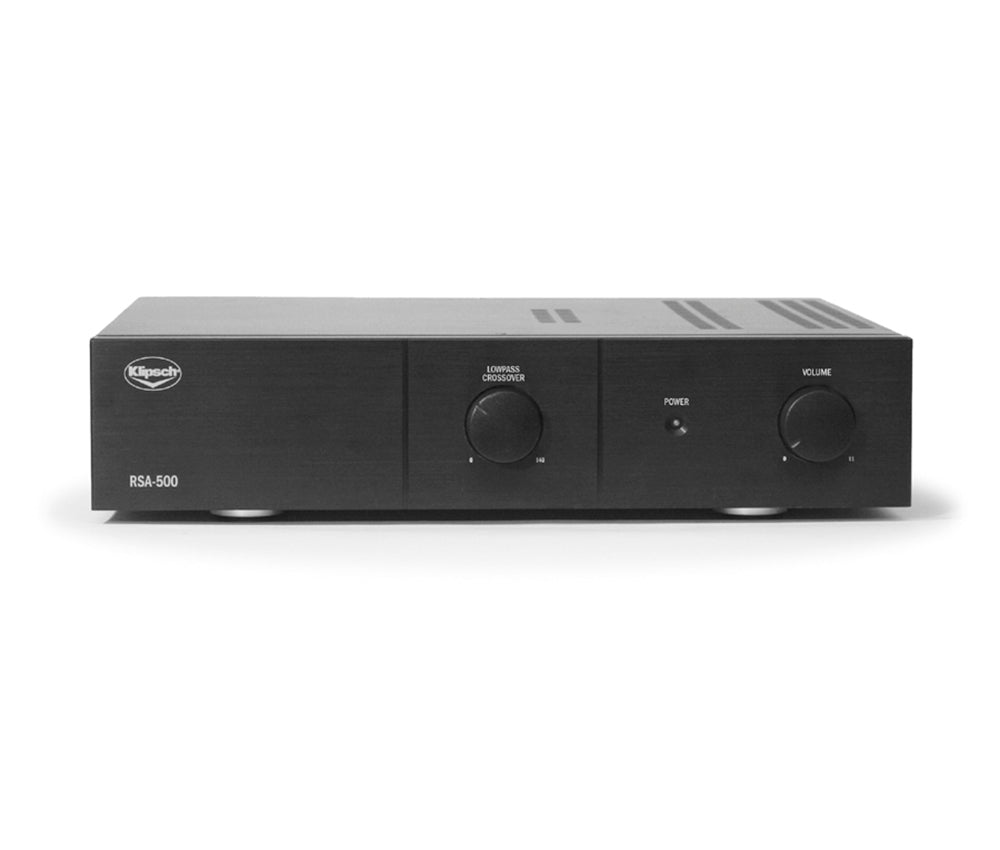 Klipsch RSA-500 Subwoofer Amplifier 500W Rackmount EQ Switch
Black audio amplifier with brand logo on a white background