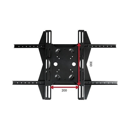 Black TV wall mount with measurement details on a white background