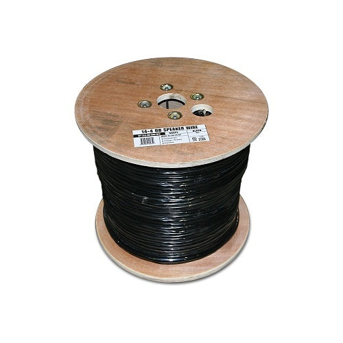 Wirepath SP-144-DB-500 14/4 Direct Burial Speaker Wire 500ft Drum
Spool of black speaker wire on a wooden reel with a white background