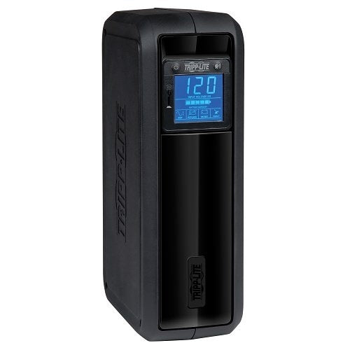 Eaton Tripp Lite OMNI900LCD Tower UPS AVR LCD 900VA 475W
Black power conditioner with digital display on a white background
