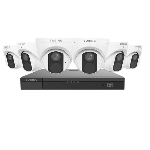 Turing TLK6T482 Lite IP Kit 6-Camera 4MP 8-Channel NVR 2TB HDD
Turing security camera system with six cameras and a central recorder on a white background