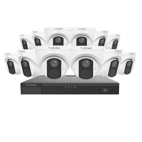 Turing TLKCT4F4 12-Camera 4MP Lite IP Kit 16-Channel NVR 4TB HDD
Turing security camera system with multiple cameras and a central recorder on a white background