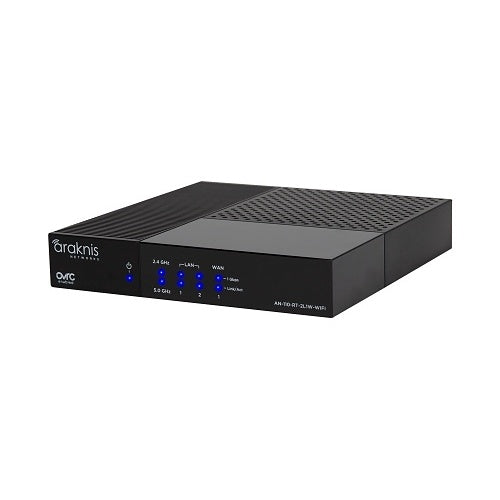 Araknis Networks AN-110-RT-2L1W-WIFI Pro Router Single-WAN VPN
Black electronic device with blue indicator lights on a white background