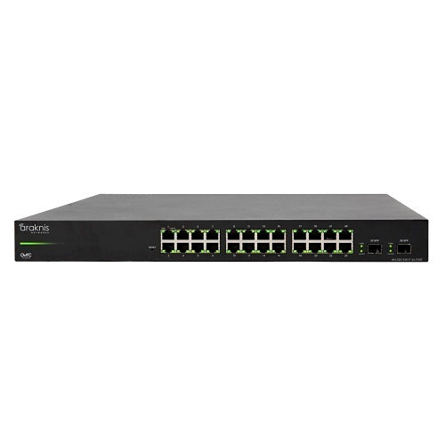 Araknis Networks AN-320-SW-F-24-POE 24-Port Gigabit PoE+ Switch
Network switch with multiple ports on a white background