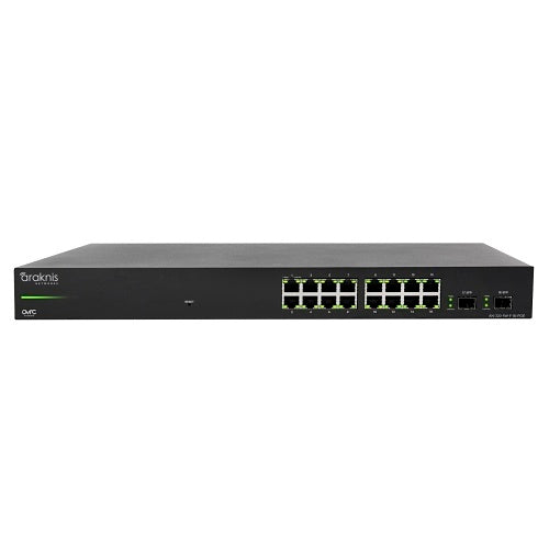 Araknis Networks AN-320-SW-F-16-POE 16-Port Gigabit PoE+ Switch
Network switch with multiple ports on a white background