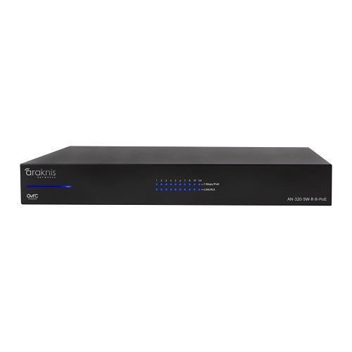 Araknis Networks AN-320-SW-R-8-POE 8-Port Managed Gigabit PoE+ Switch
Network switch with Araknis branding on a white background