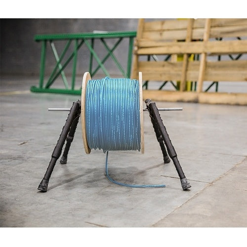 Wirepath SP-CAT6A-1000-BLU Cat6A Bulk Cable 1000ft Blue
Spool of blue cable on a stand with a blurred background