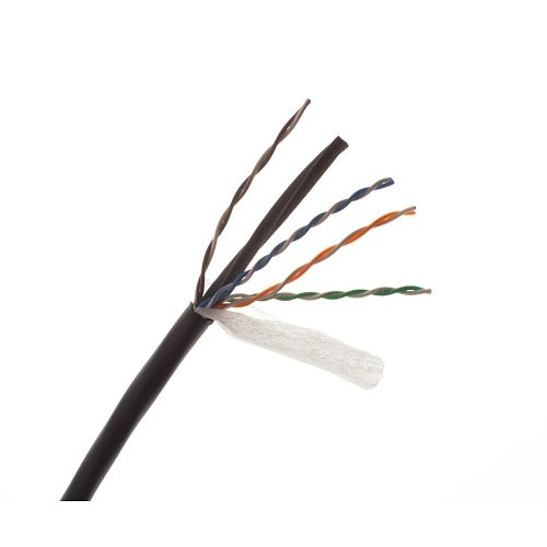 Wirepath SP-CAT6-DB-1000 CAT6 Direct Burial Wire 1000ft Drum
Close-up of a black Ethernet cable with multicolored wires on a white background