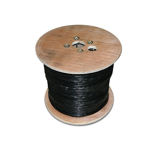 Wirepath SP-CAT6-DB-1000 CAT6 Direct Burial Wire 1000ft Drum
Spool of black cable on a wooden reel with metal clips against a white background