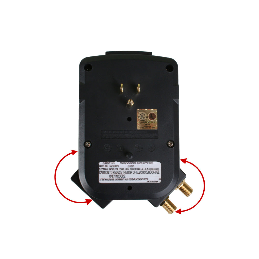 WattBox WB-200-3RWT Coax 3-Outlet Rotating Surge Protector Wall Tap
Back view of a black electronic device with gold connectors on a white background