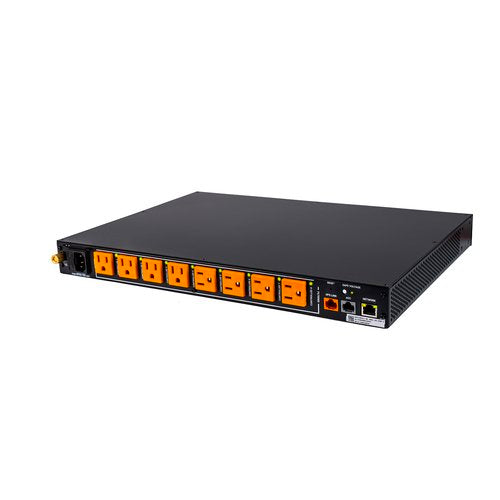 WattBox WB-900CH-SEC-IPVM-8 8-Outlet IP Power Conditioner
A black industrial power distribution unit with multiple orange-accented electrical outlets and a rear panel with connectors, shown on a plain white background.