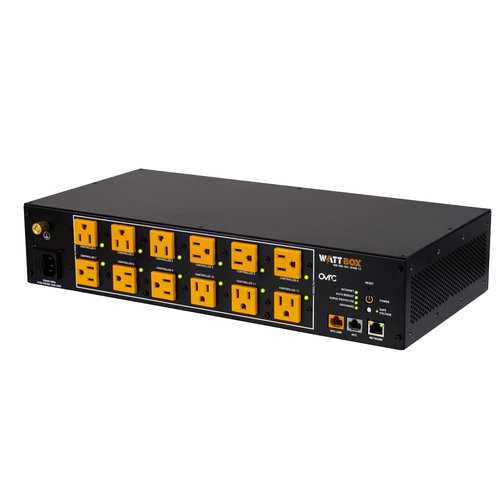 WattBox WB-900-SEC-IPVM-12 12-Outlet IP Power Conditioner
A black Wattbox OutC 12V 30A multi-port power distribution unit with twelve yellow AC outlets and two orange DC outlets, shown on a plain white background.