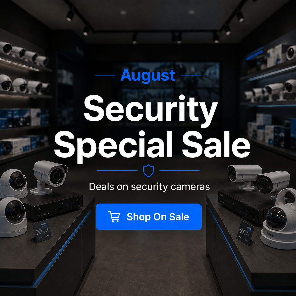 August Security Special Sale banner for Bear Security Shop featuring a security camera showroom background, centered promotional text, and a Shop On Sale button.