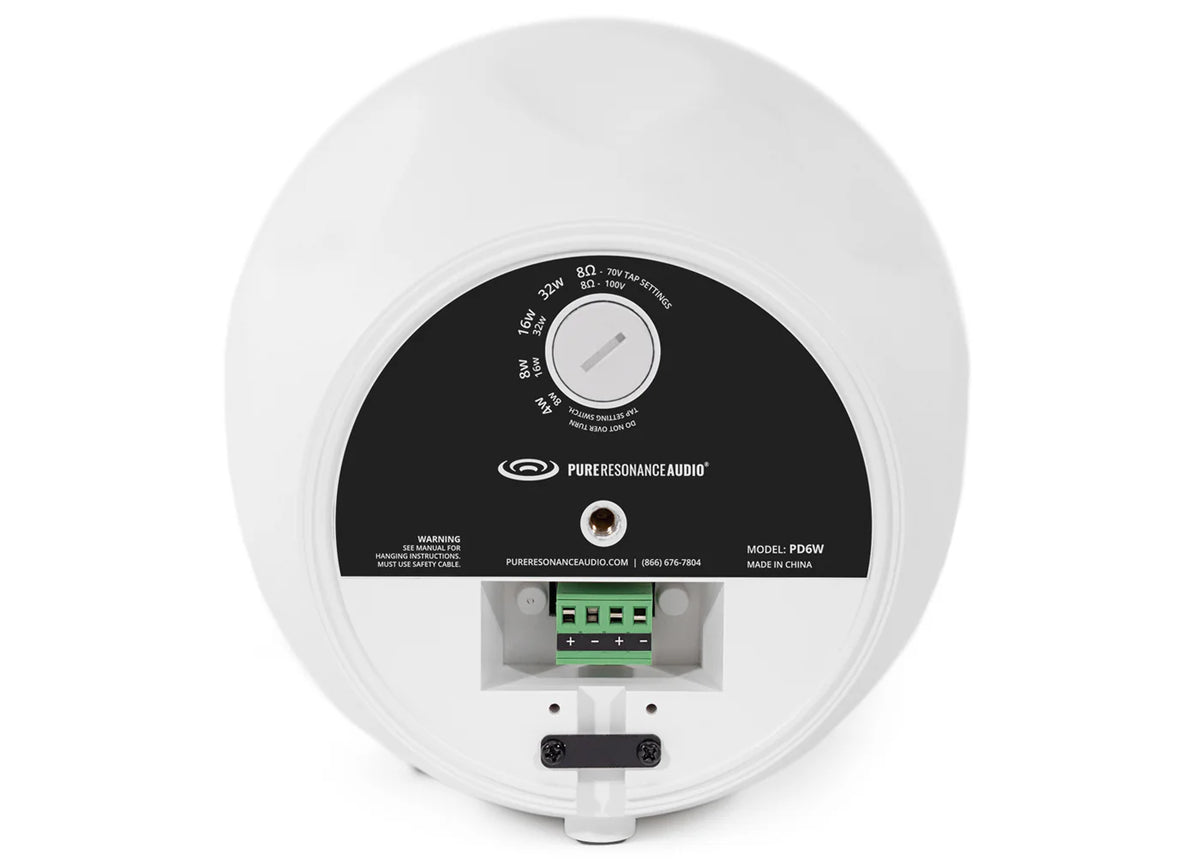 Pure Resonance Audio PD6 6.5 Inch 70V Pendant Speaker
White audio speaker with control panel on a white background