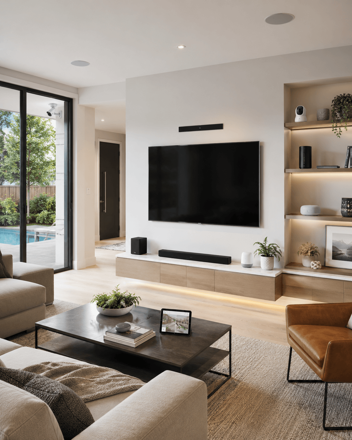 A modern living room interior with a large black flat-screen TV mounted on a white wall above a low floating media console. The room includes built-in shelving with warm lighting, a dark coffee table, light beige sofa, brown leather chair, and large windows overlooking a pool area.