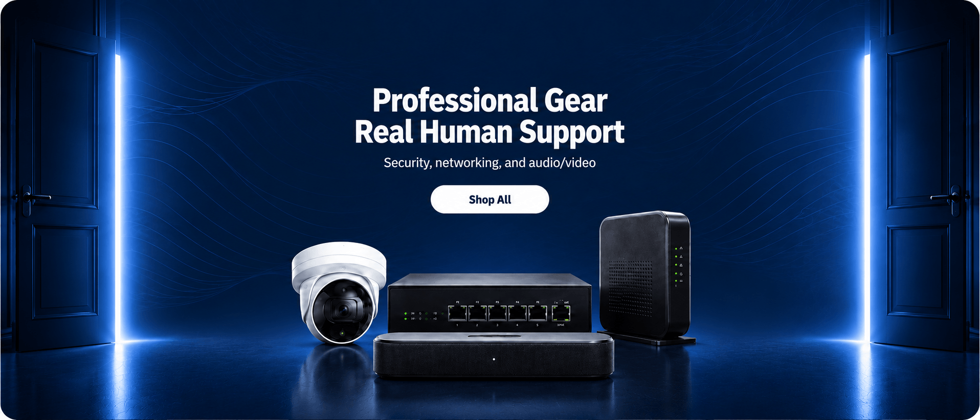 Bear Security Shop desktop hero banner featuring professional security, networking, and audio/video gear with real human support.