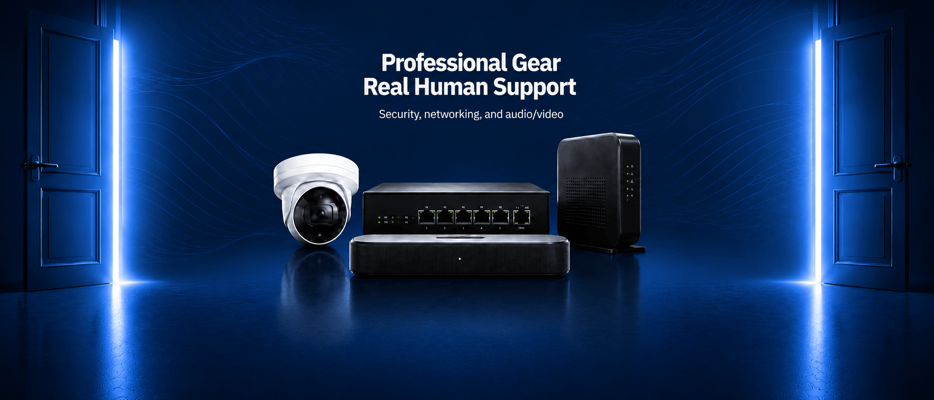 Bear Security Shop desktop hero banner featuring professional security, networking, and audio/video gear with real human support.