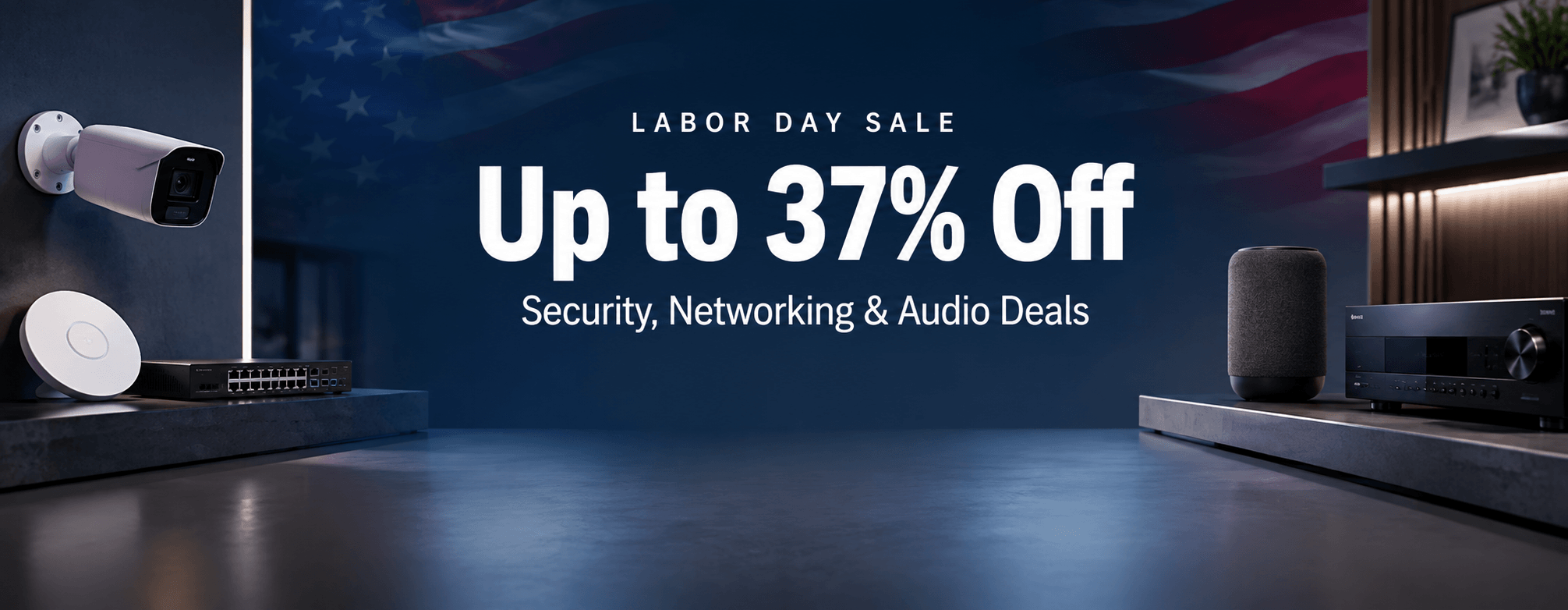 Labor Day sale banner for Bear Security Shop featuring security, networking, and audio deals Desktop