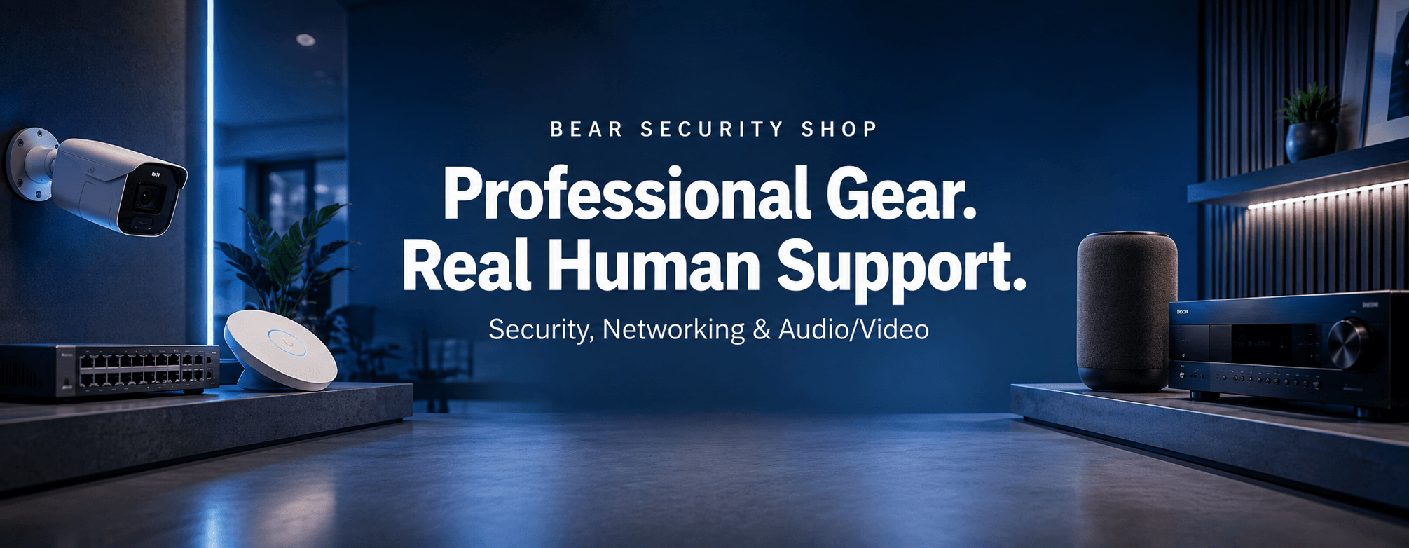 Bear Security Shop main hero banner featuring security, networking, and audio video products