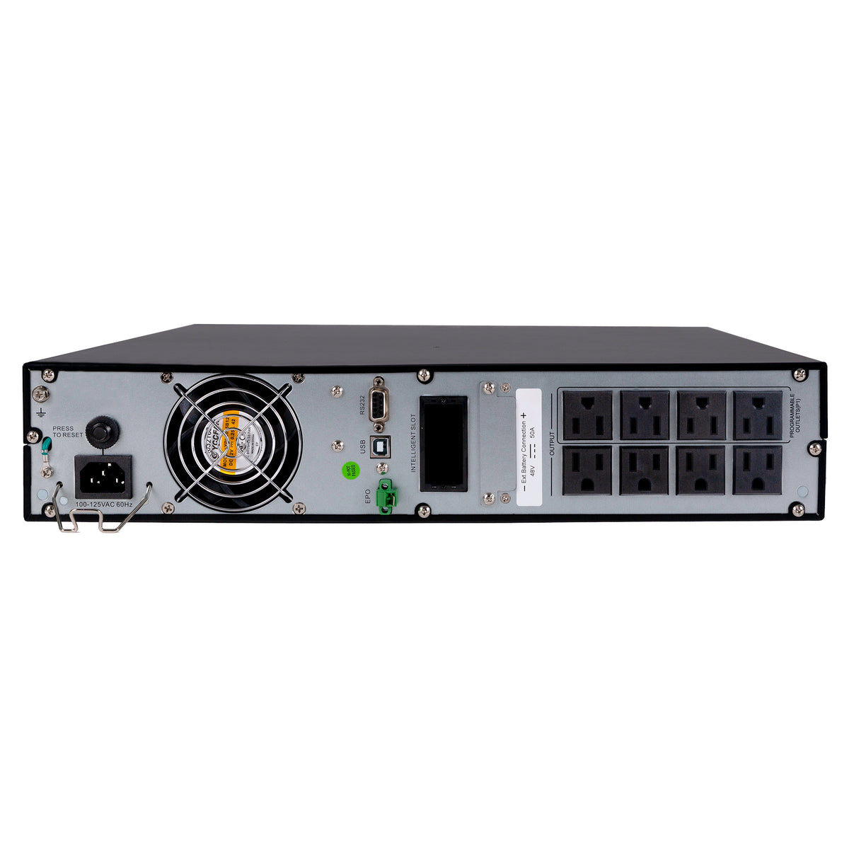 Back view of a power supply unit with multiple sockets on a white background