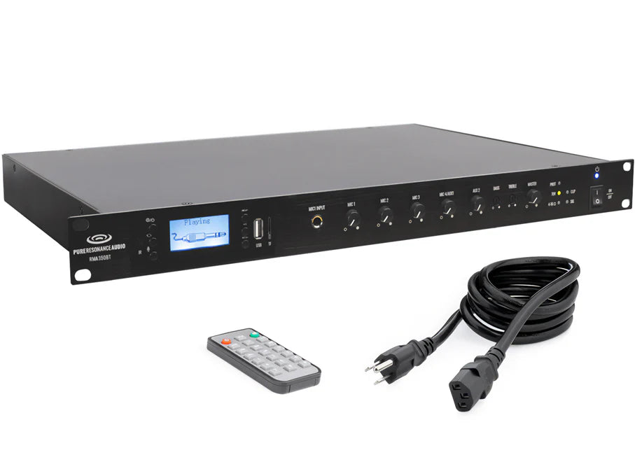 Pure Resonance Audio RMA350BT 350W Bluetooth Rack Mixer Amp
Audio power amplifier with remote control and cable on a white background