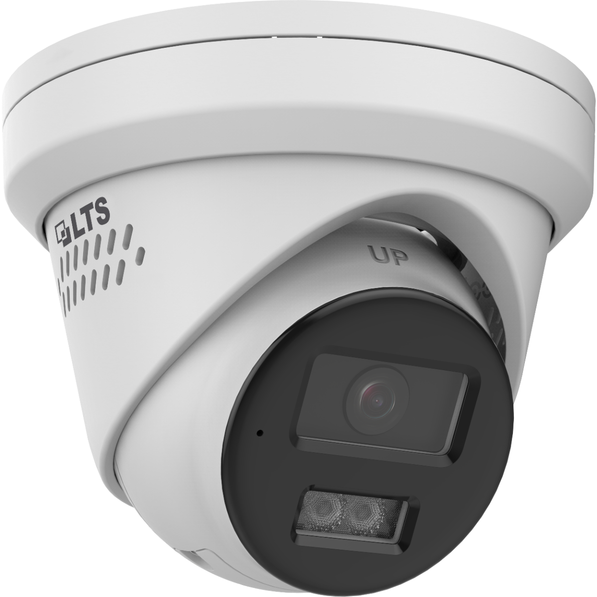LTS CMHT1722-28LS 2MP Active Deterrence TVI Turret Camera
A white turret security camera with a black lens cover and dual infrared LEDs, featuring 'LTS' and 'UP' markings on its housing.