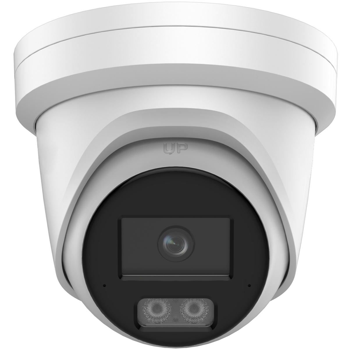 LTS LTCMIP3CD82WI-AISP 8MP AI Color 24/7 Turret Camera
A white Turret security camera with a black front lens panel, featuring two IR LED lights below the lens and the 'UP' brand logo above the lens.