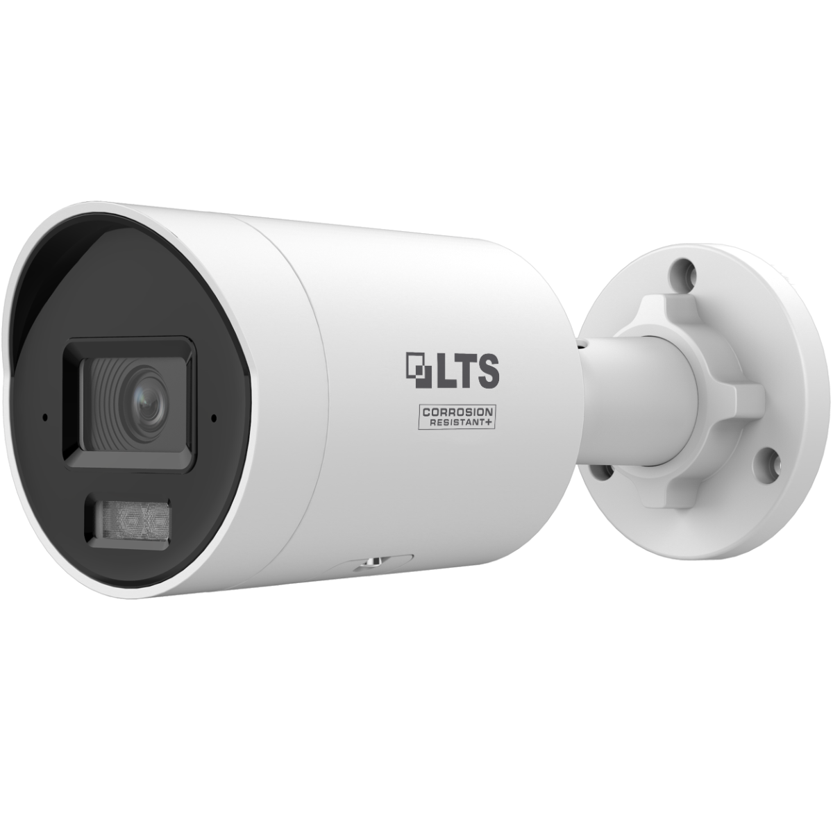 LTS CMIP8CD42WI-28AISP 4MP AI Color 24/7 Bullet Camera
A white security camera with a black front lens cover and a white mounting bracket, featuring the LTS brand logo.