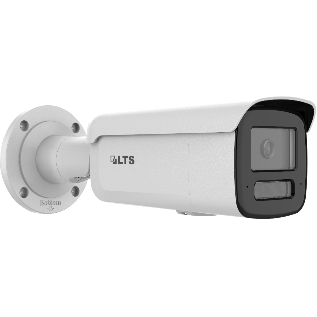 LTS CMIP9382WI-28SDL 8MP Active Deterrence Camera
A white and black bullet security camera with a wall mounting bracket, featuring the LTS logo on the side.