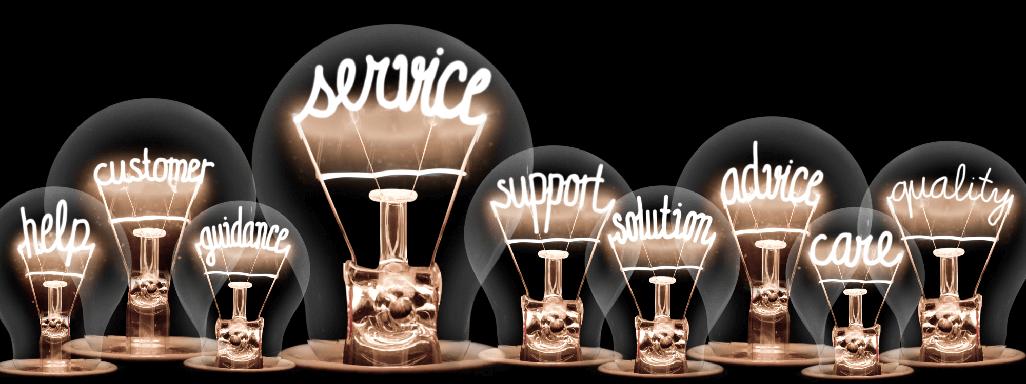 lightbulbs with text related to customer support and service