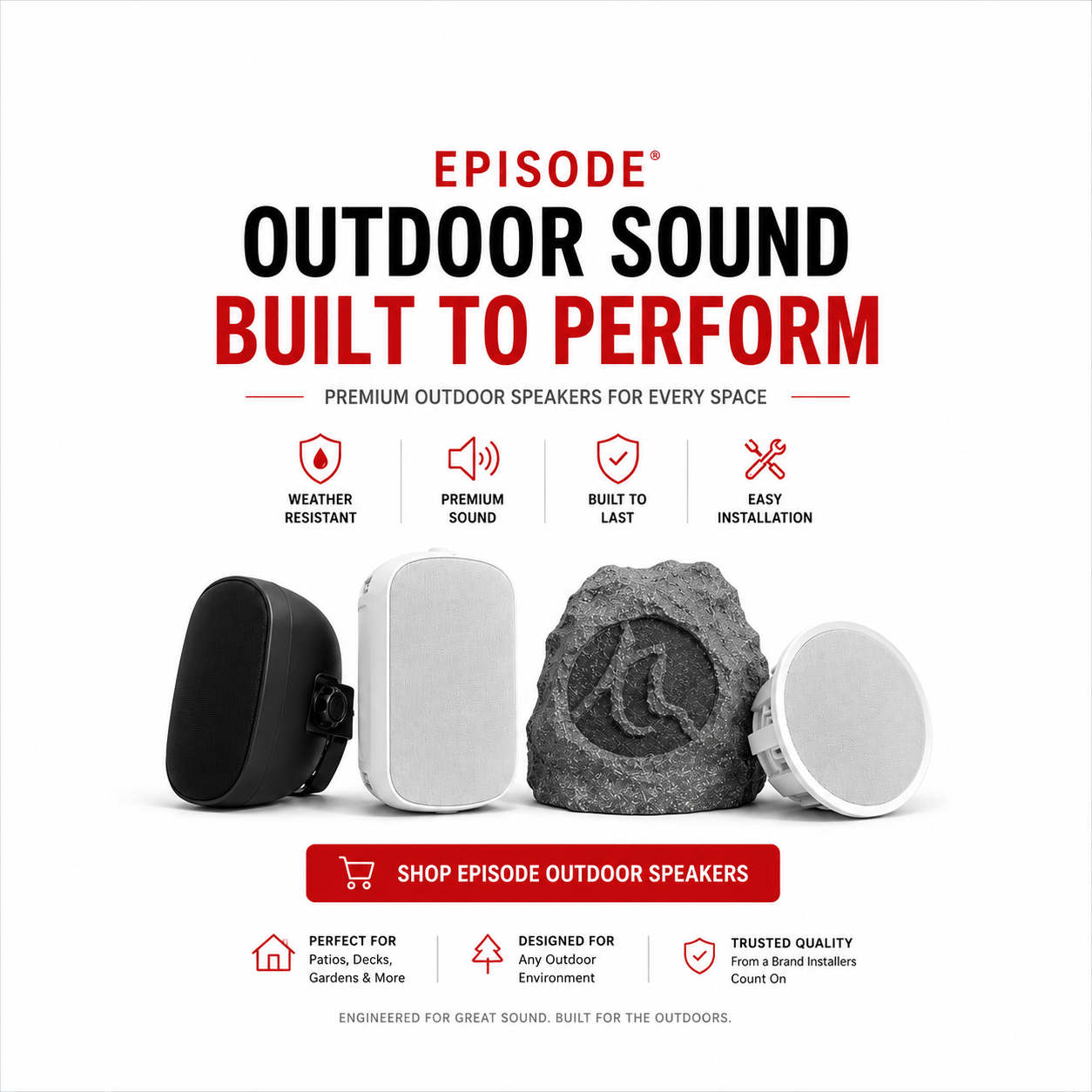 Episode outdoor speakers banner featuring rock and surface-mount outdoor speaker options.