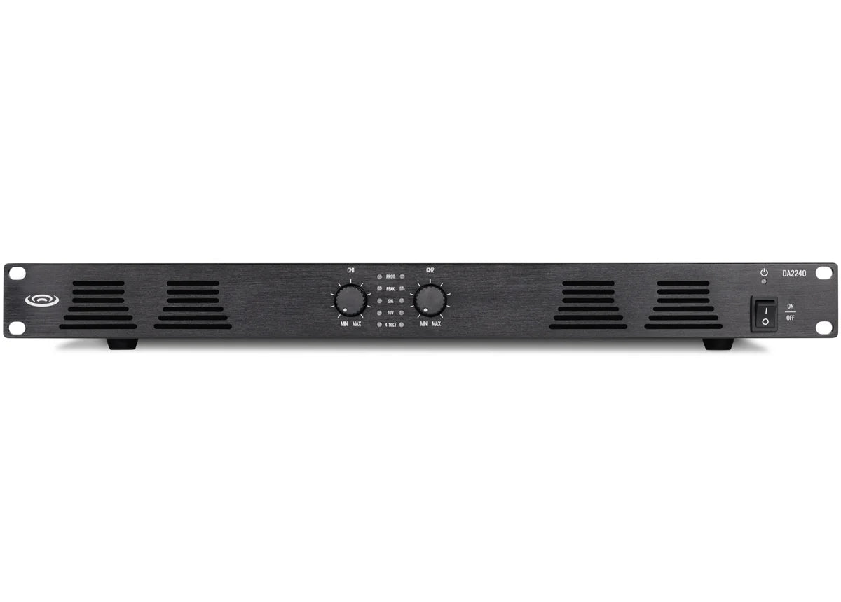 Pure Resonance Audio DA2240 2-Channel 240W 70V Power Amplifier
Black electronic device with control knobs on a white background