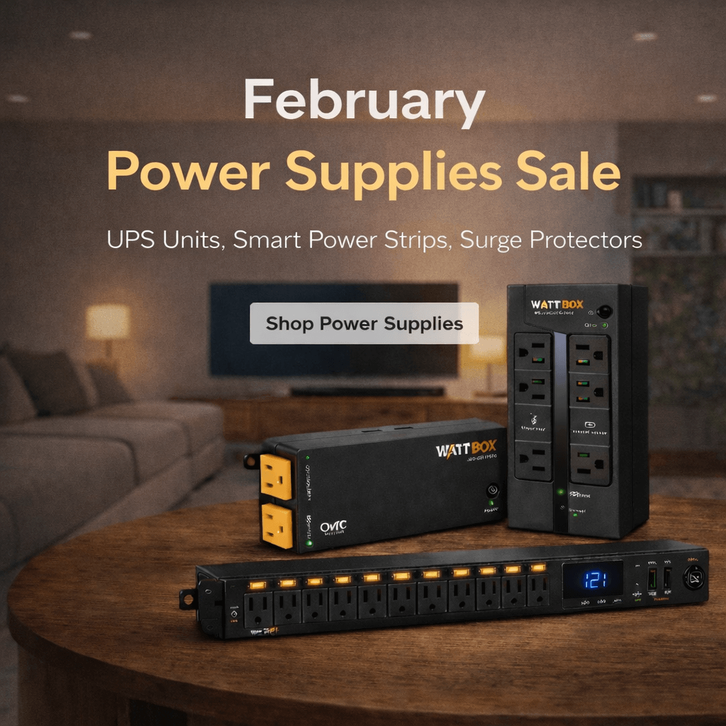 Wattbox power supplies on a table with a living room background and 'February Power Supplies Sale' text.