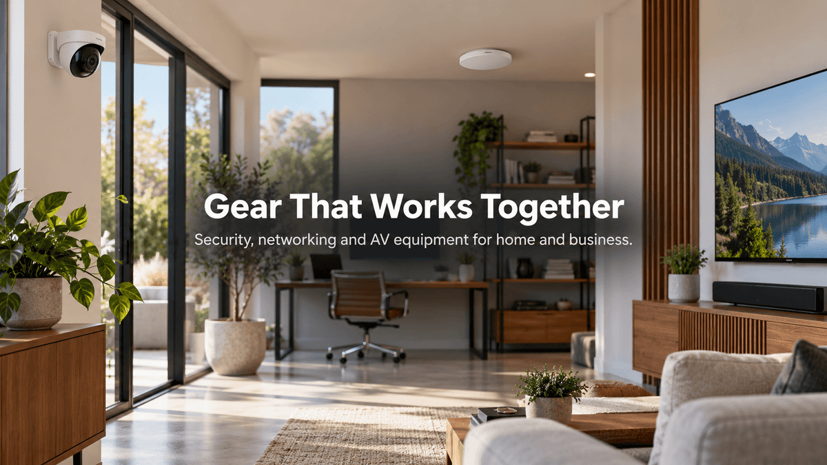 Homepage hero showing a modern environment with security, networking and audio video equipment for home and business