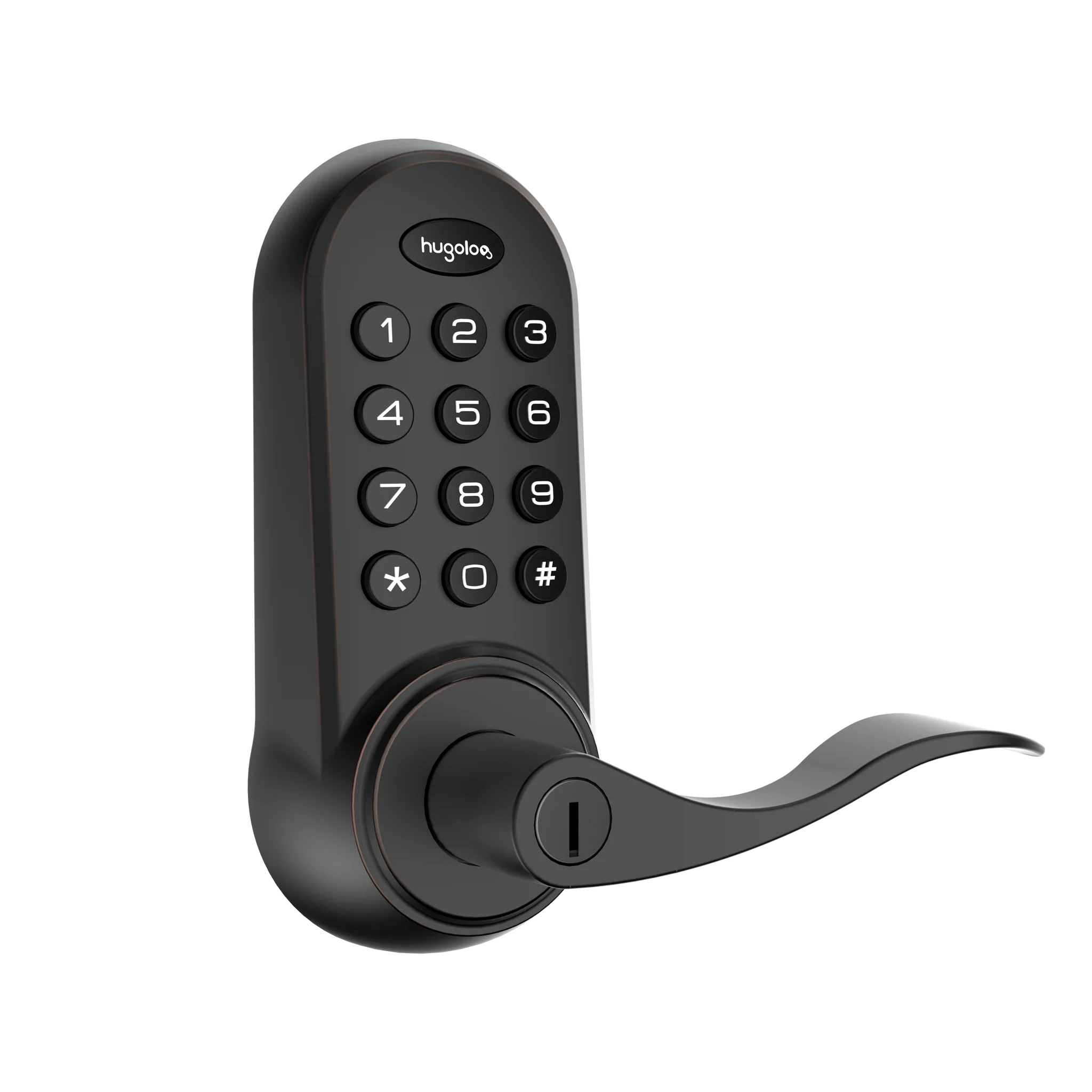 Black electronic door lock with keypad on a white background