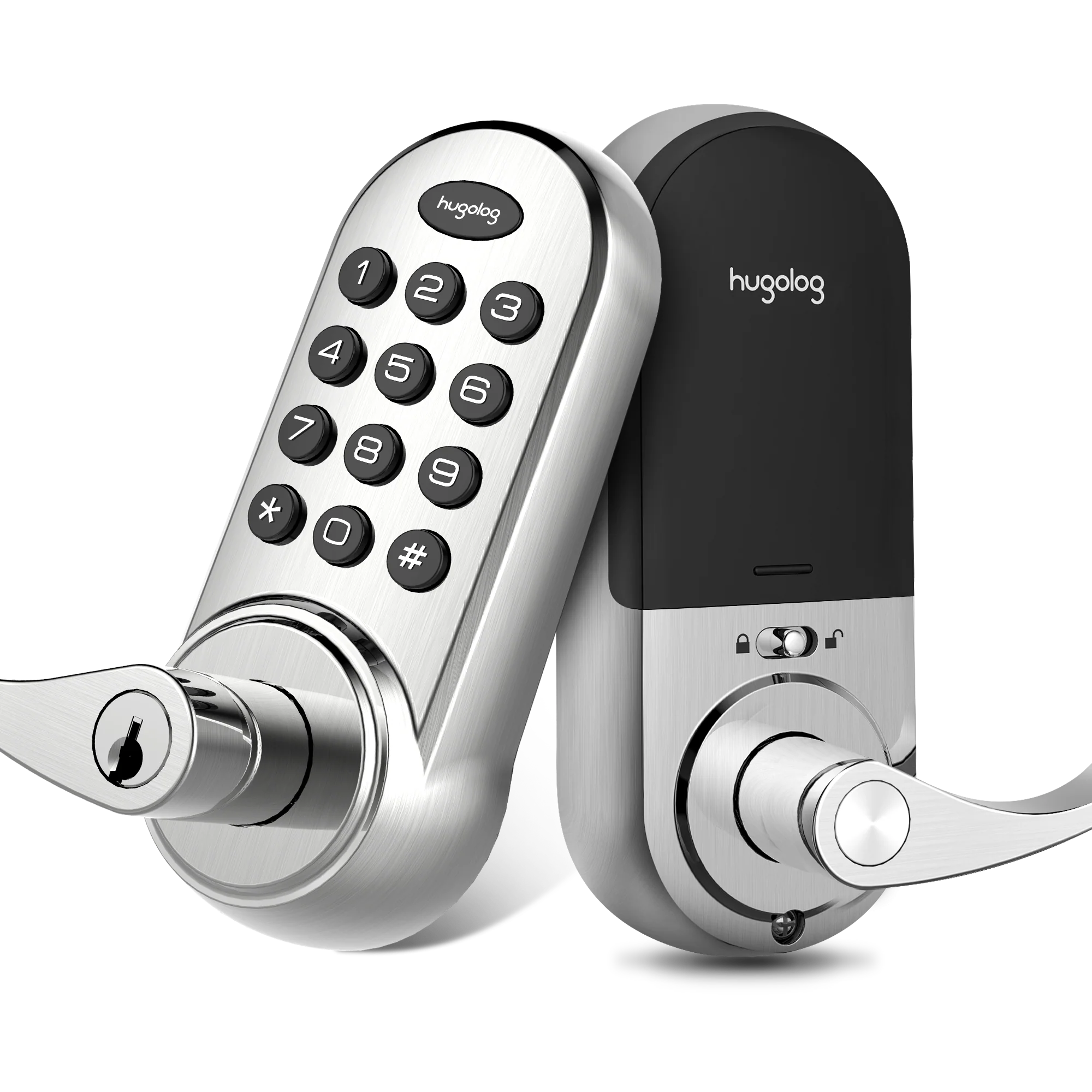 Digital door lock with keypad on a white background